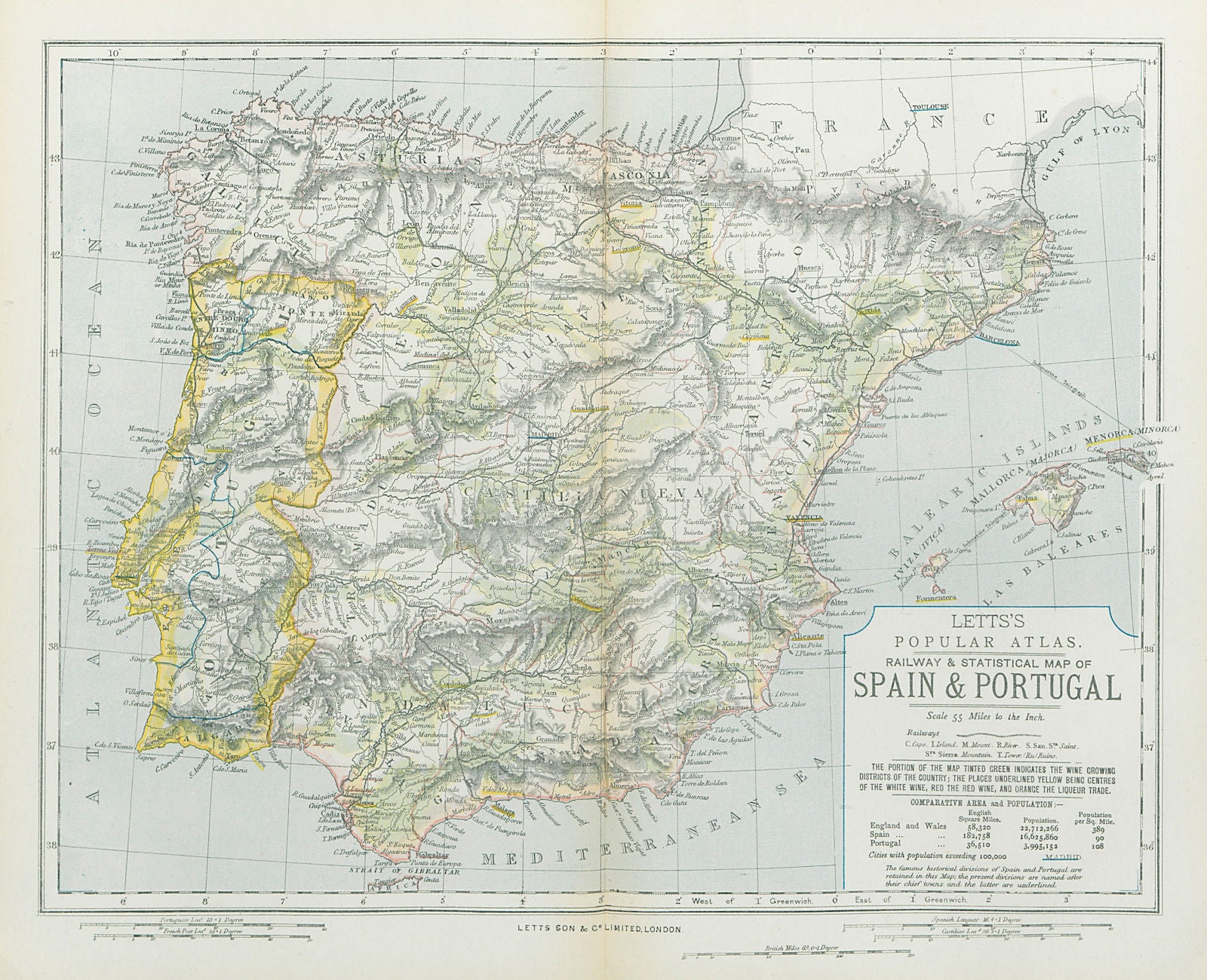 SPAIN & PORTUGAL. Red & white white & liqueur regions in green. LETTS 1883 map